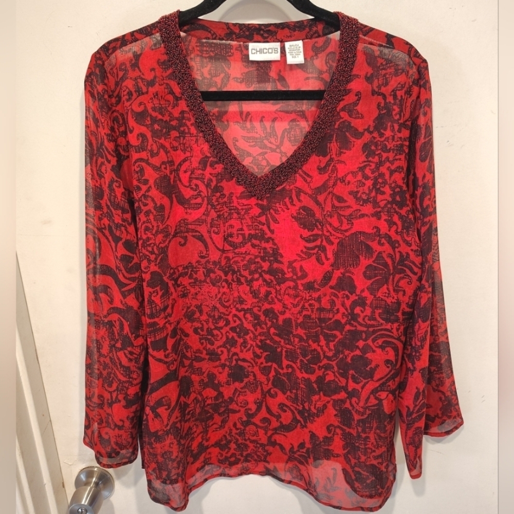 Chico's 100% Silk Dark Floral Beaded Long Sleeve Sheer Top Sz 1(M) Whimsigoth